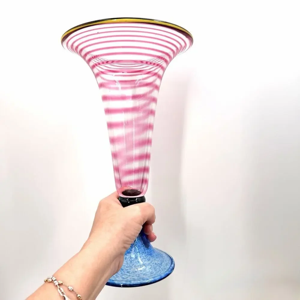 Vintage Colorful Murano Style Studio Art Glass Hand Blown Pedestal Vase 11.25